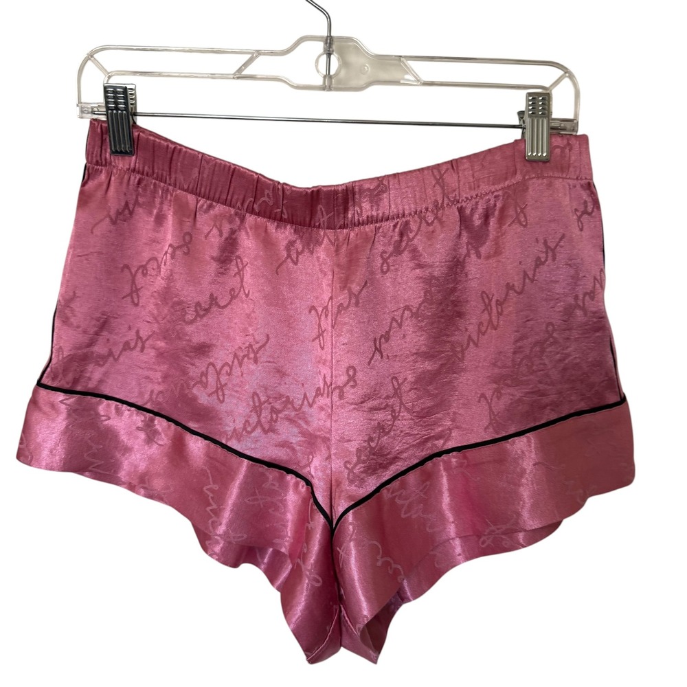 Victoria's Secret Pajama Shorts Women Medium Pink Excellent Satin Logo Tulip Hem